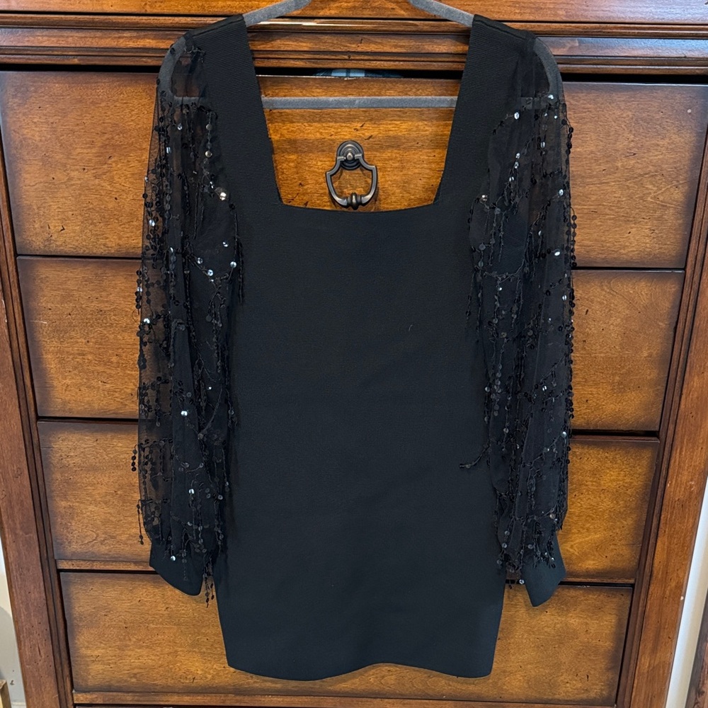 Bebe long sequin sleeve mini dress